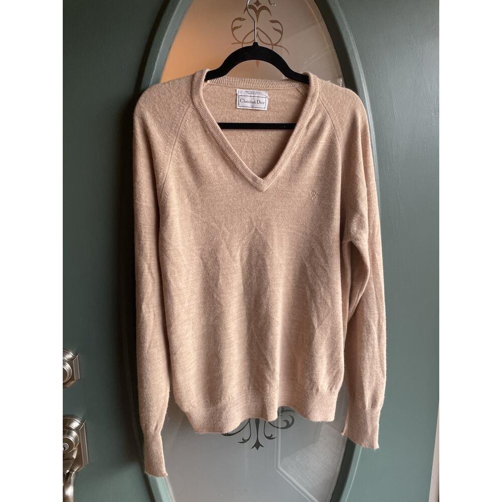 Christian Dior Vintage V-Neck Tan Acrylic Sweater Size L